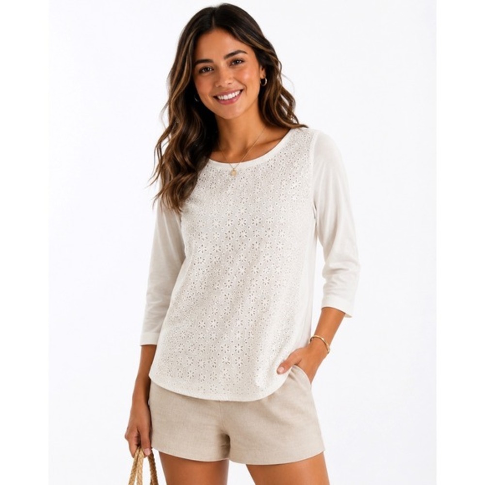 LOFT White Eyelet Lace Front Long Sleeve Cotton Top S Coastal Vacation 79-14-01